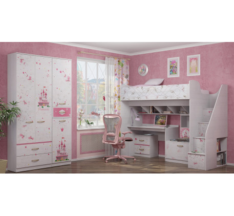 Детская мебель Принцесса. Набор №1 с высокой кроватью-чердаком 190х80 см